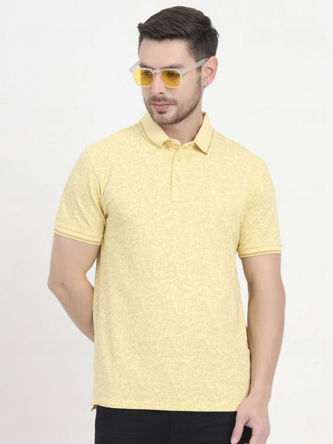 JADE BLUE Floral Printed Polo Collar Cotton Slim Fit T-shirt