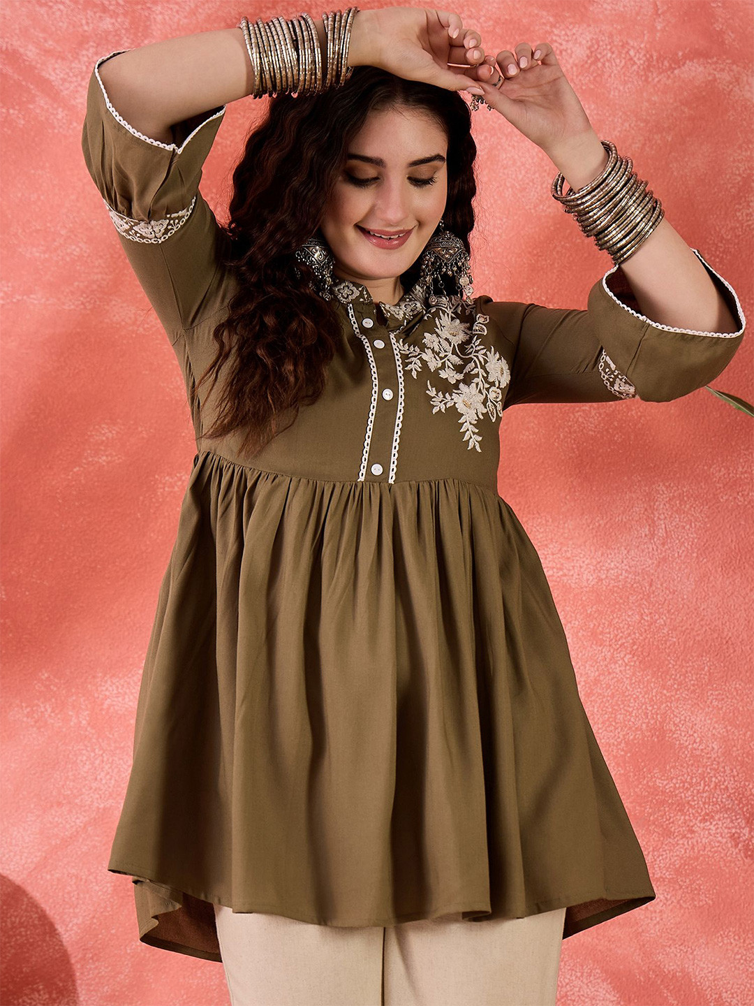 Sangria Floral Embroidered Pure Cotton Tops