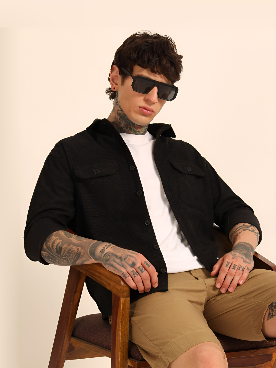 Bushirt Self Design Spread Collar Oversized Fit Waffle Shacket