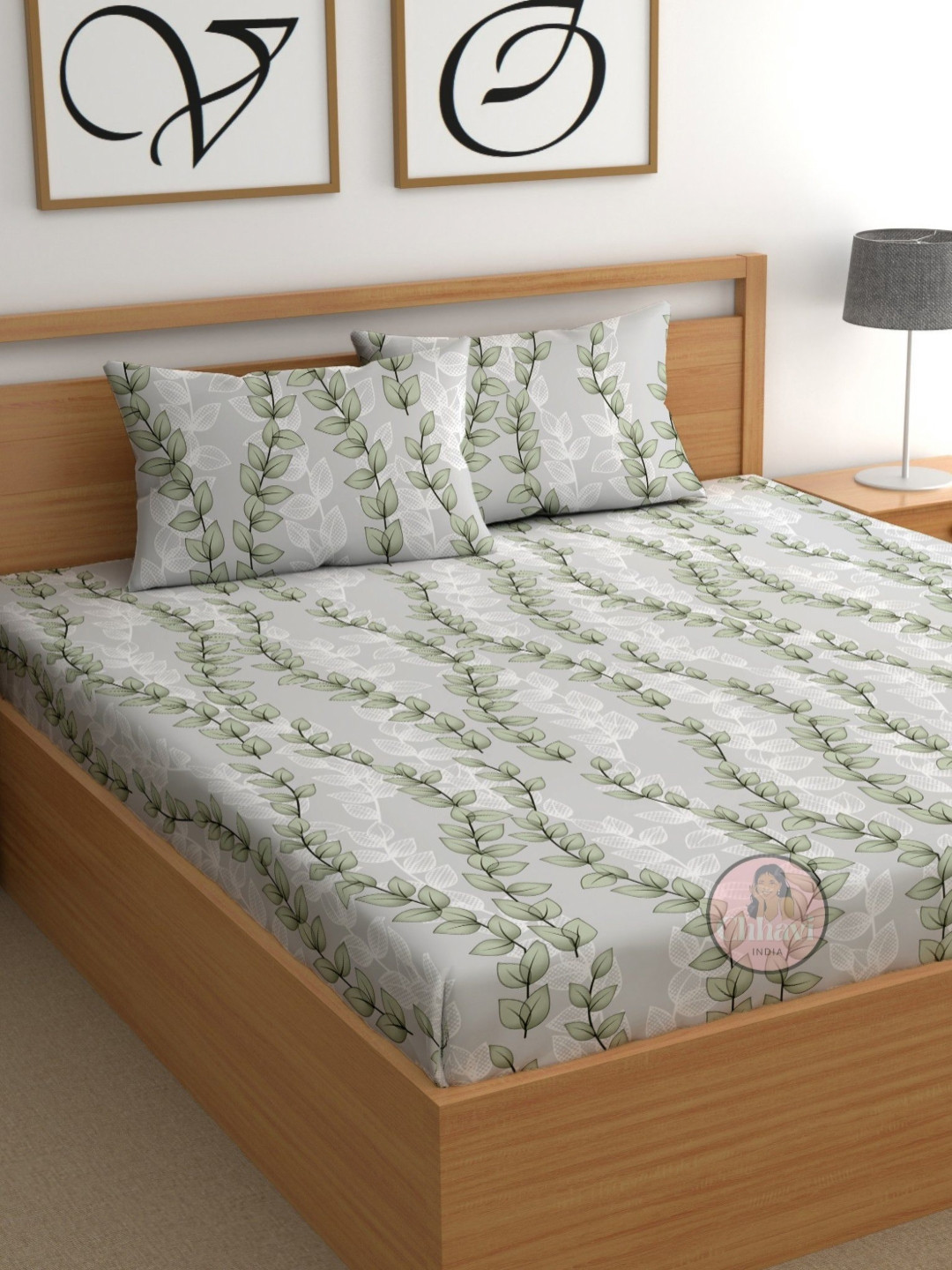 CHHAVI INDIA Grey Leaf Microfiber 210 TC Fitted Queen Fine Bedsheet with 2 Pillow Covers-19 x 28 inches