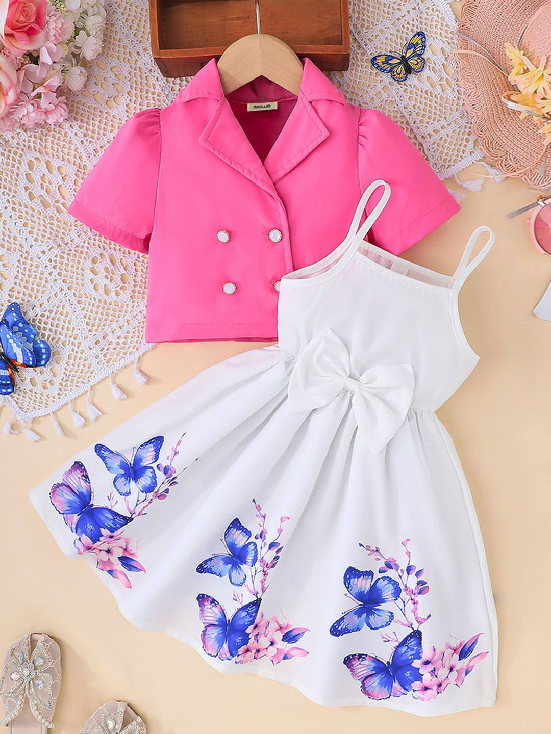 INCLUD Girl Butterfly Print Bow Fit & Flare Dress With Top