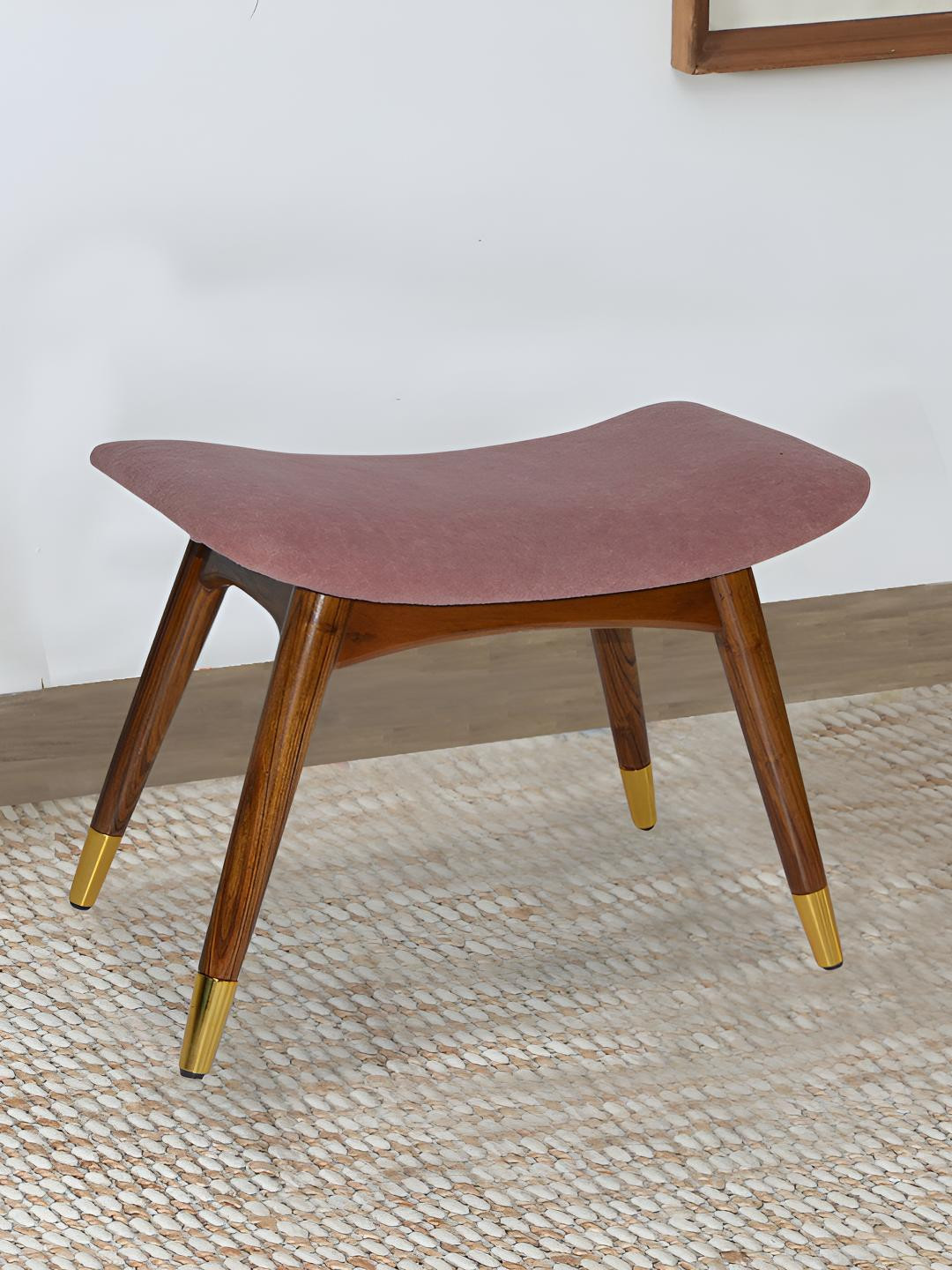 GLOBALLY INDIAN Champagne & Brown Wood Stool With Velvet Cushioned Seat