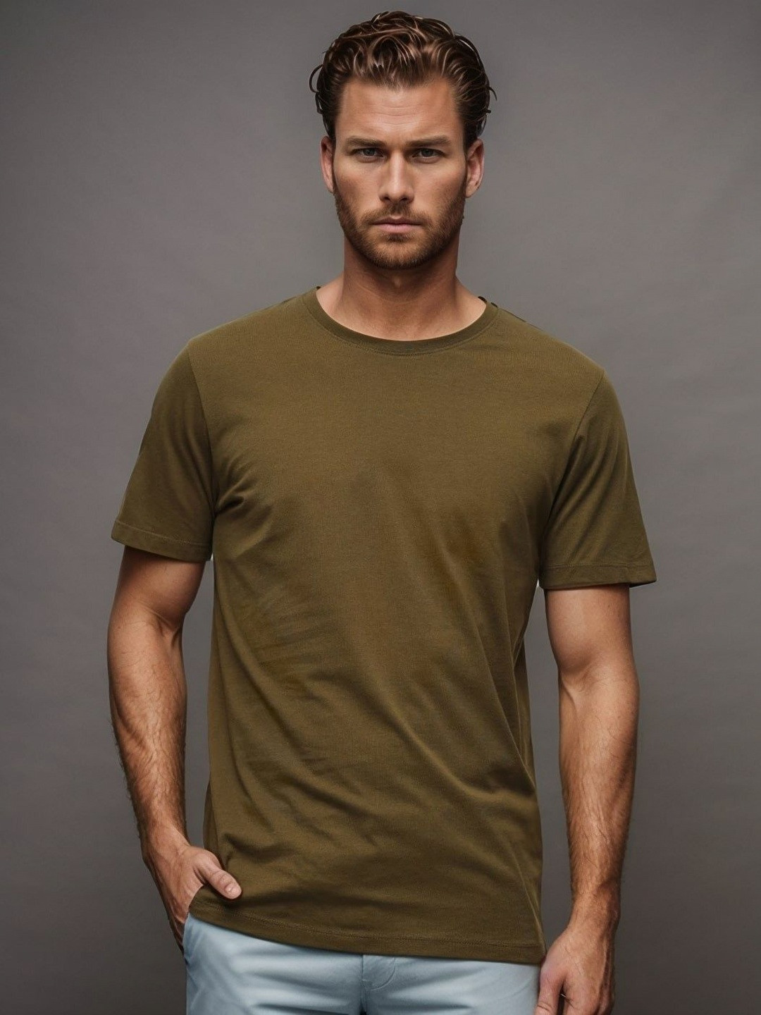 BLUEFICUS Men Solid Round Neck T-shirt