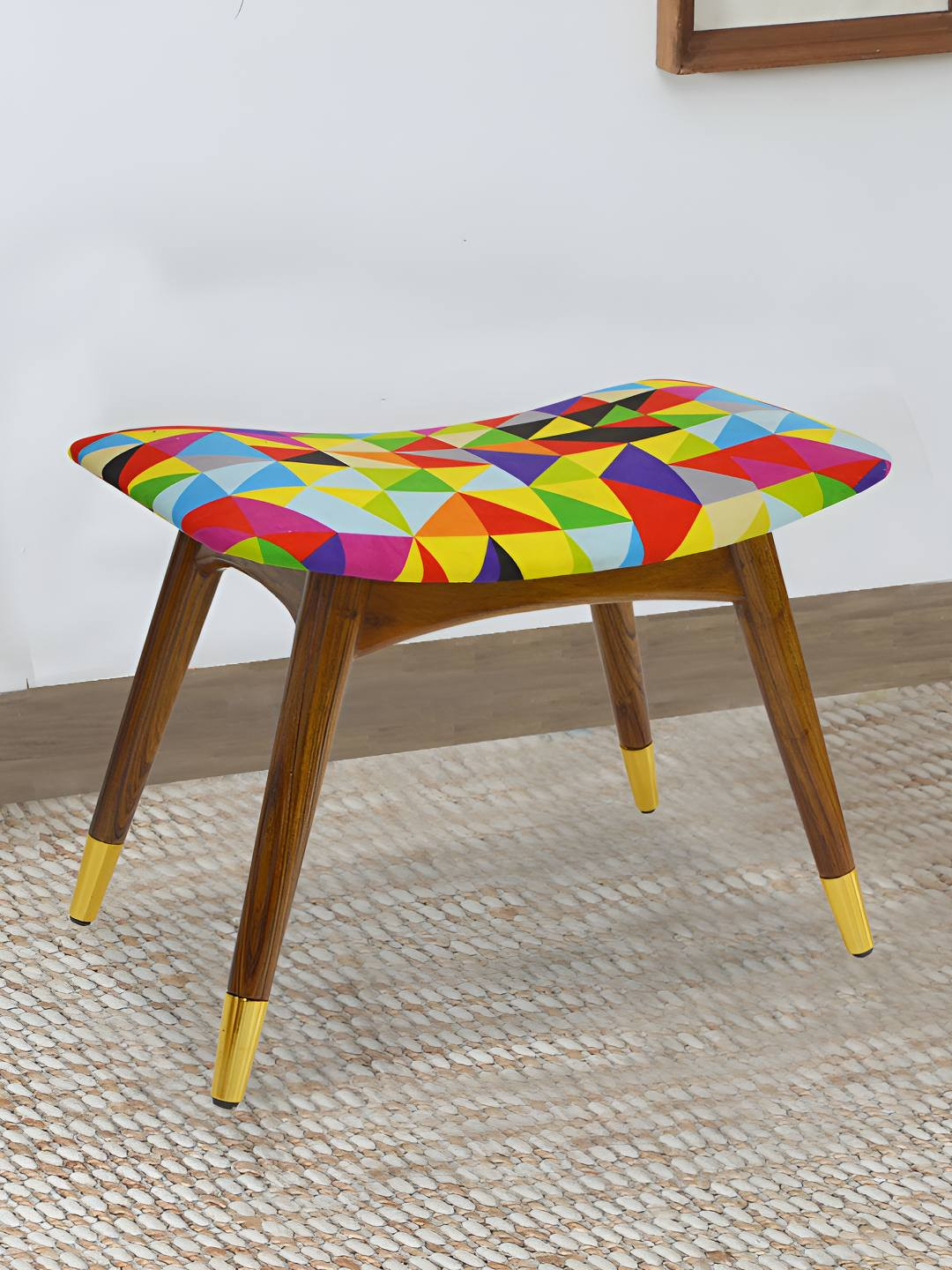 GLOBALLY INDIAN Yellow & Red Sheesham Wood Stool With Cushioned Seat
