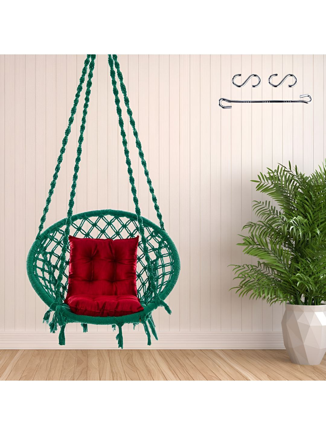 Swingzy Red & Green Round-Shaped Hanging Hammock Swing With Cushion
