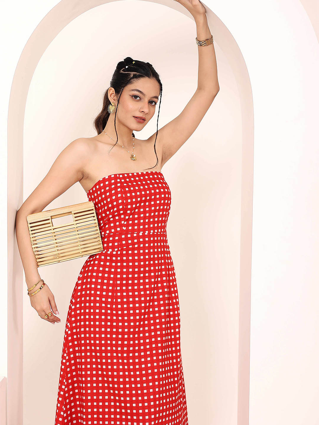 KAORI BY SHREYA AGARWAL Red and White Gingham Tube Maxi Dress with Pockets