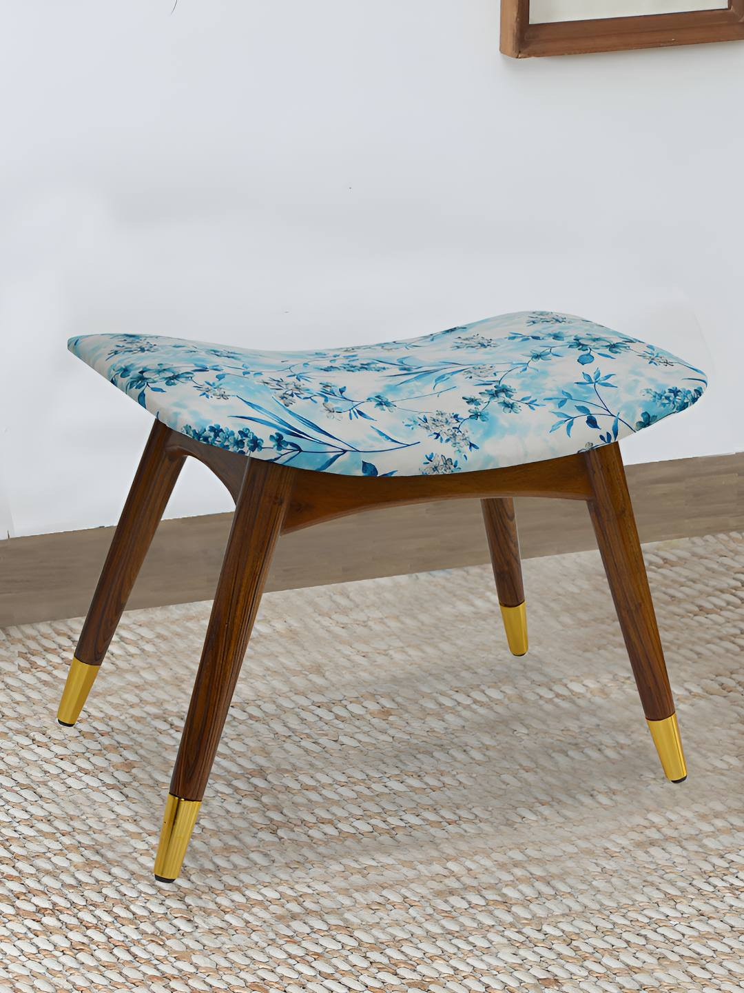 GLOBALLY INDIAN Blue & White Wooden Cushioned Curved Bench