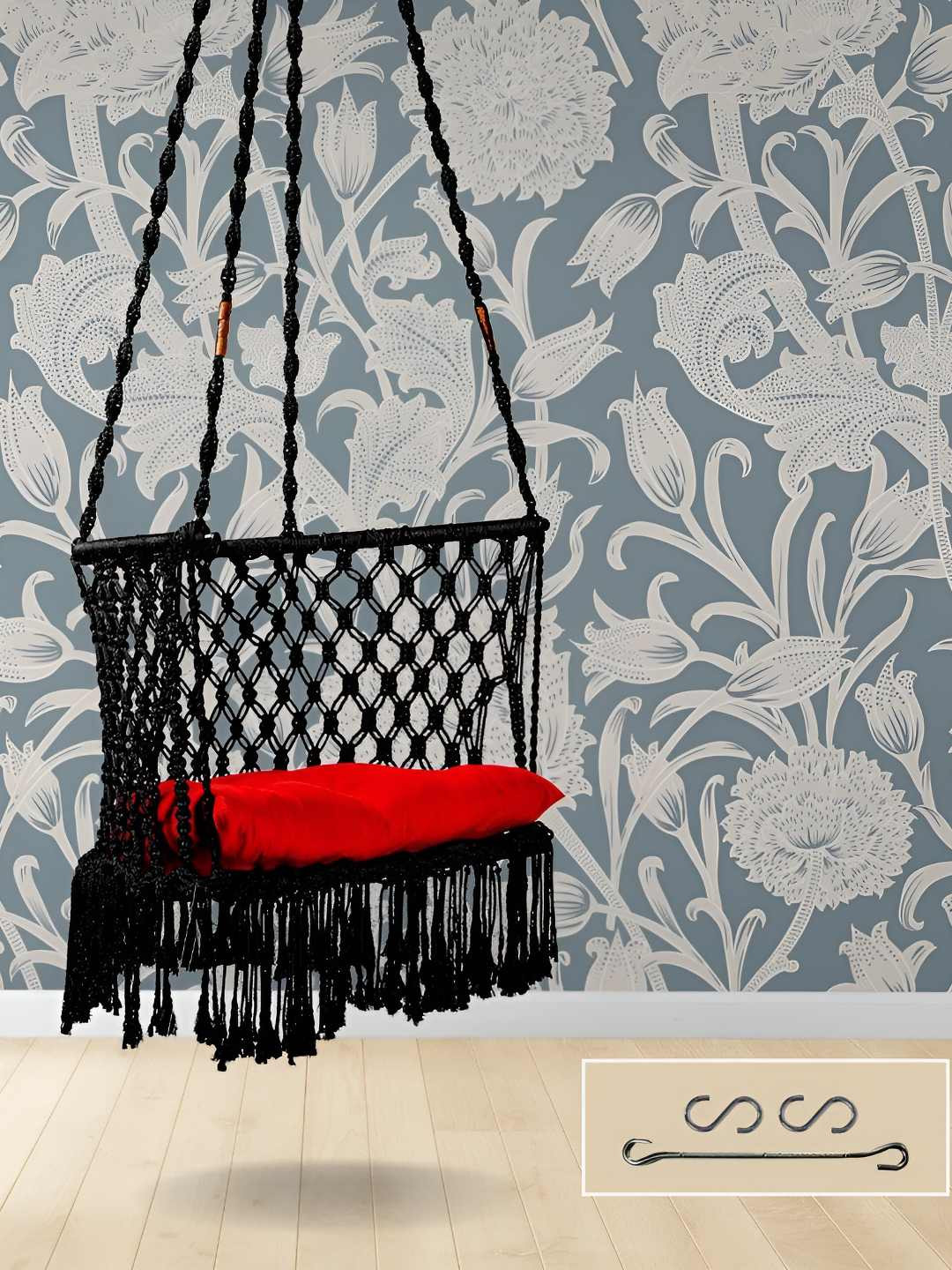 Swingzy Black & Red Textured C Shaped Hammock Hanging Swing With Cushion