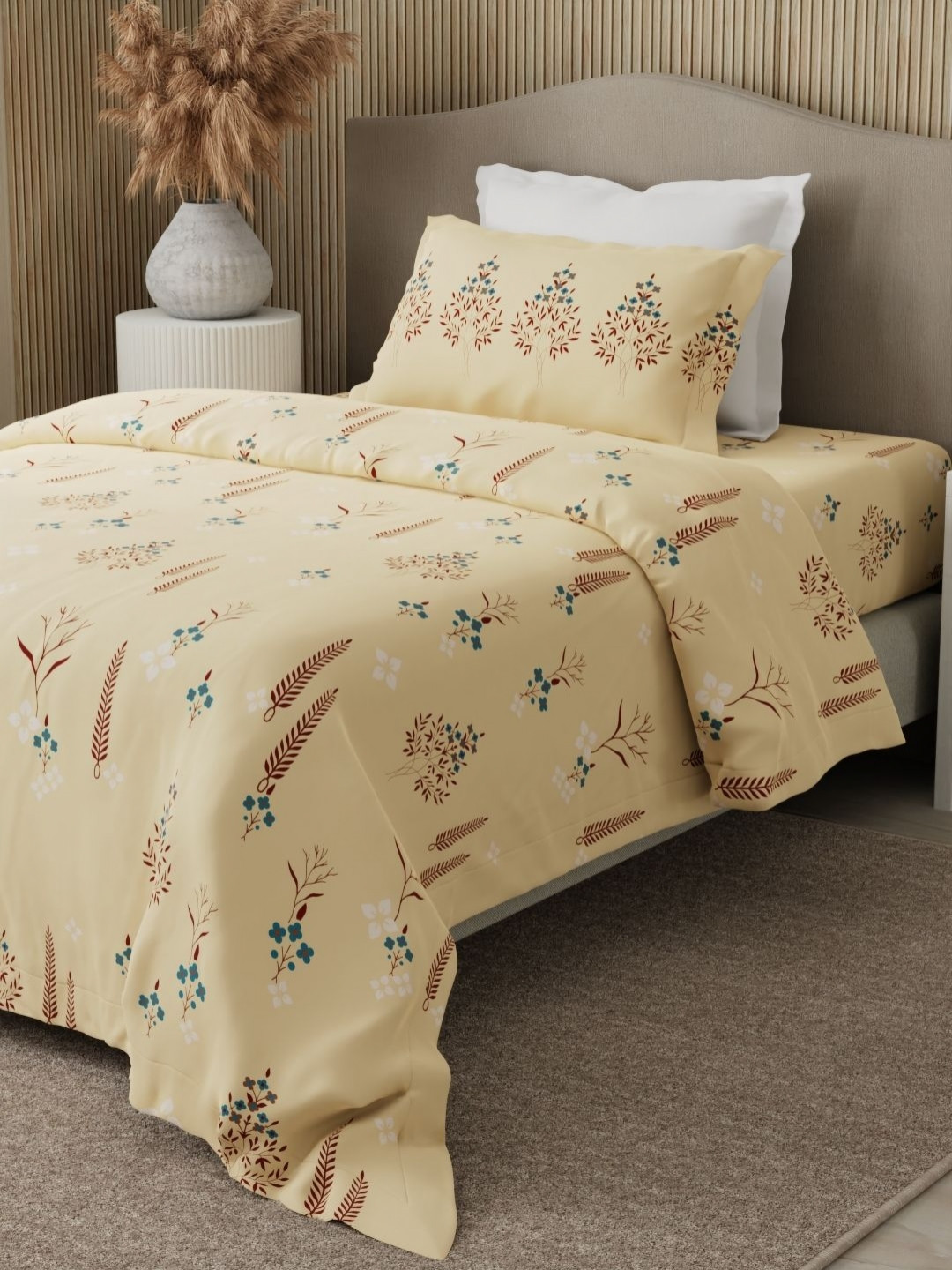 Boutique Living India Yellow & Green Ethnic Motifs 200 TC Single Bedsheet with 2 Pillow Covers