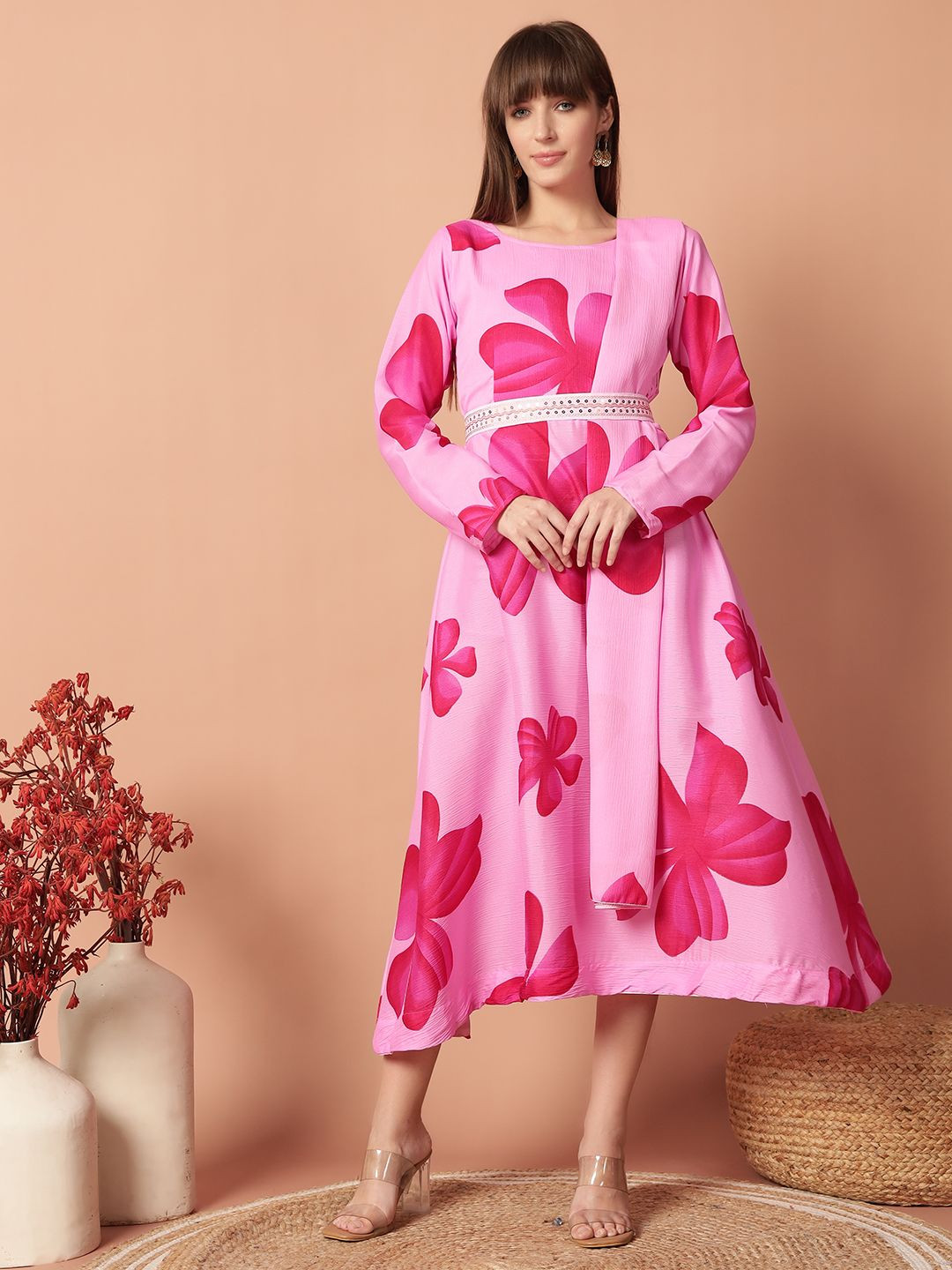 Krunal Raiyani Floral Printed Midi Length Ethnic Dresses With Dupatta