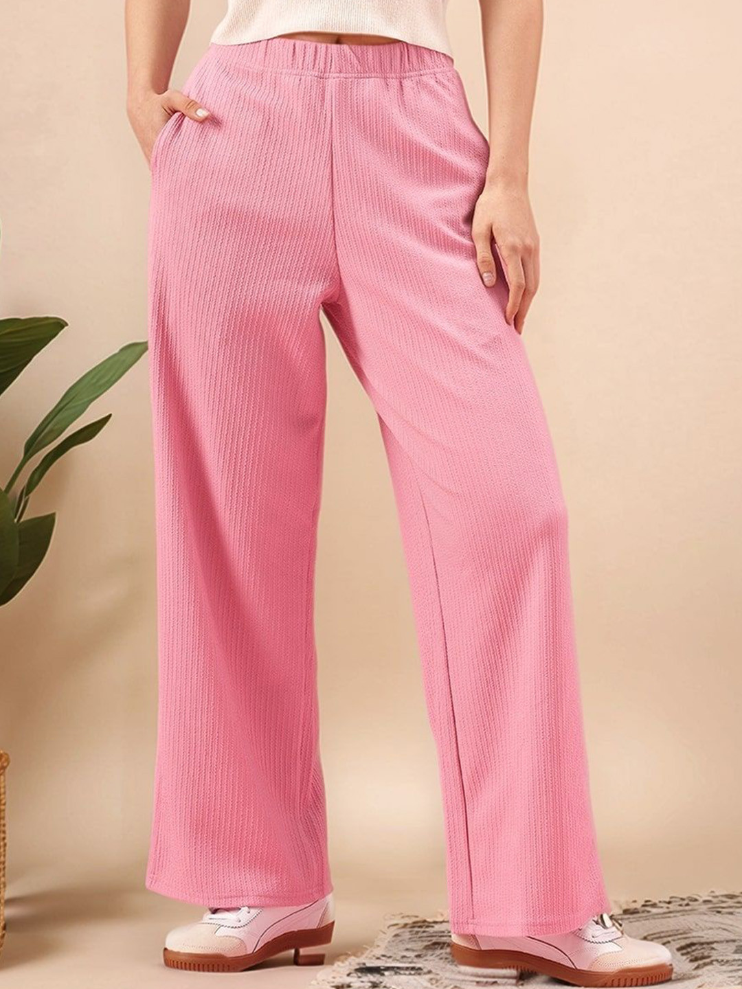 Mast & Harbour Women Self Design Flared High-Rise Easy Wash Wide Leg Trousers
