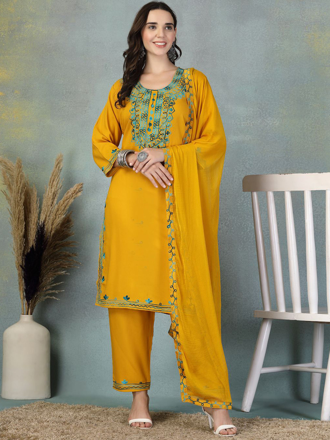 Shine N Sober Floral Embroidered Round Neck Straight Kurta With Trousers & Dupatta