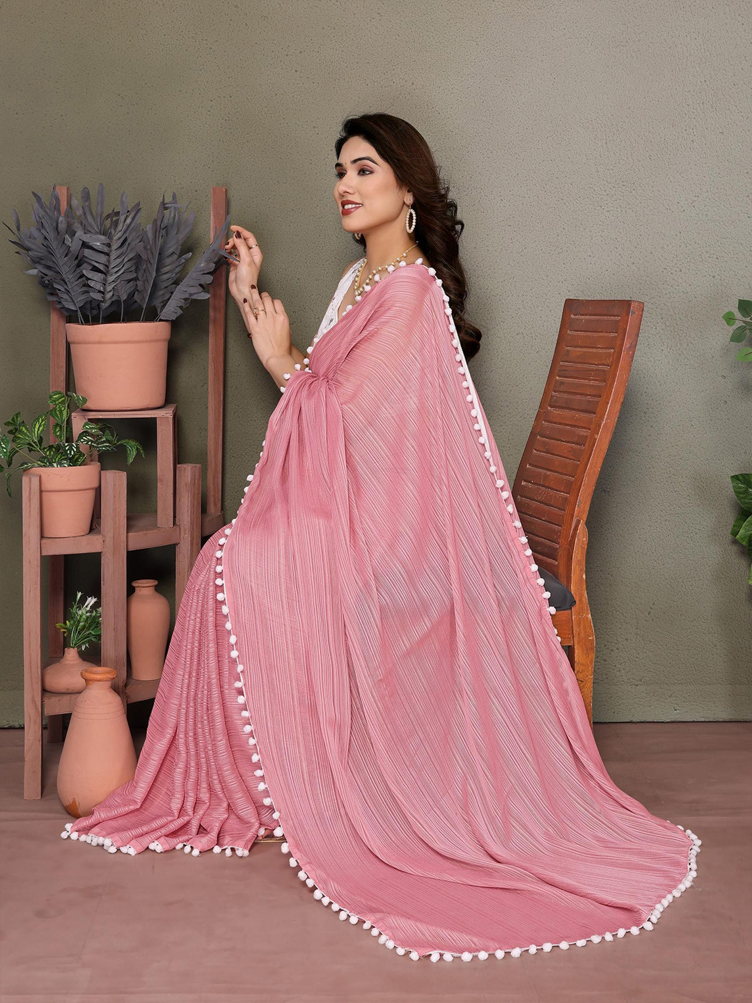 Styleveda Striped Pom-Pom Detailed Border Saree