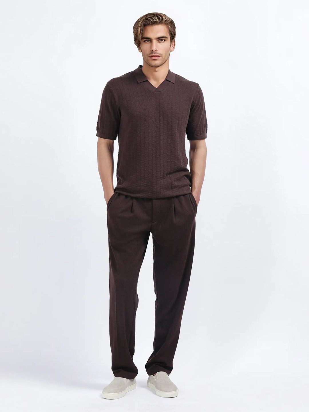 RARE RABBIT Men Mid-Rise Keloe Dark Brown Tailored Trousers