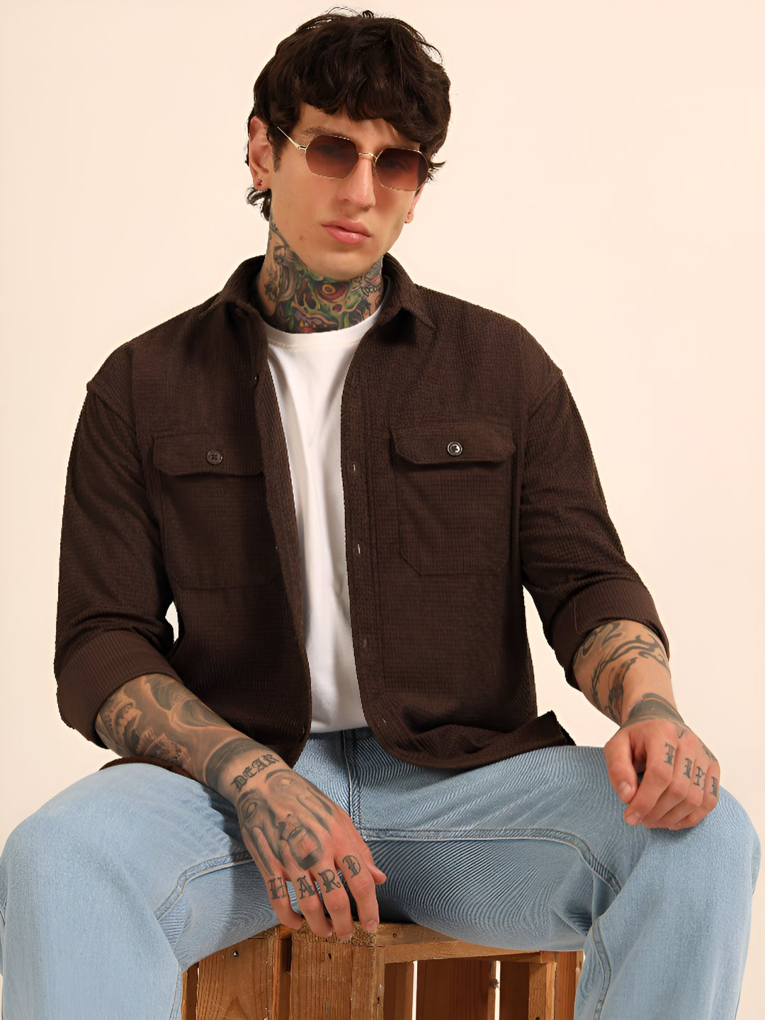 Bushirt Self Design Spread Collar Oversized Waffle Shackets