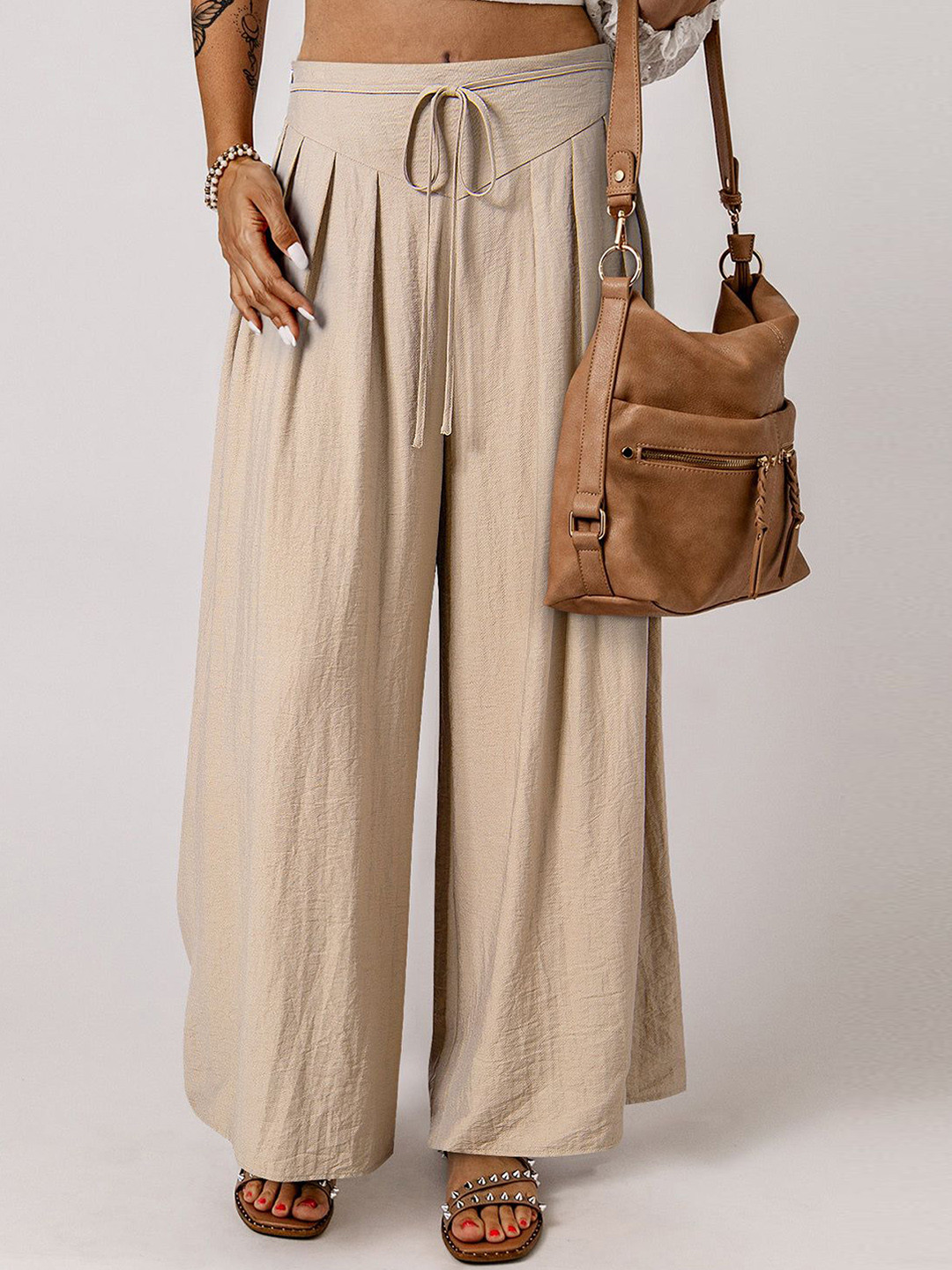 Errabelly Women Drawstring Waist Pleated Wide Leg Casual Pants
