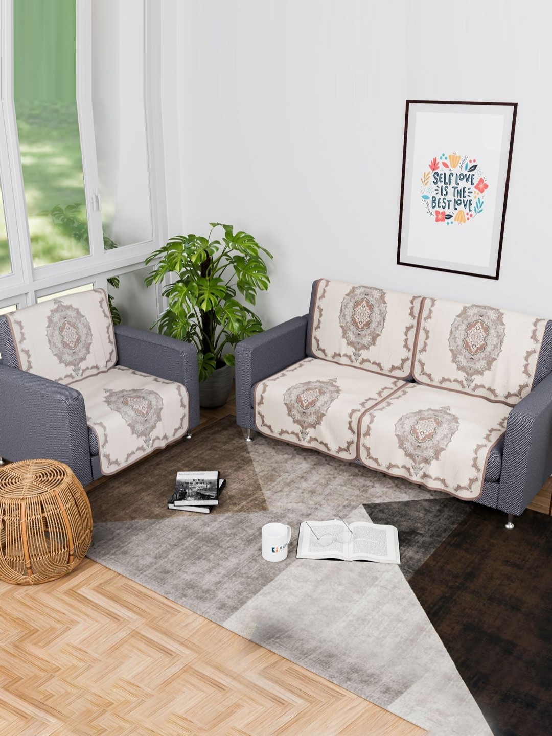 Aura Cream & Brown 6 Pieces Rangoli Printed 2+1 Seater Cotton Sofa Cover