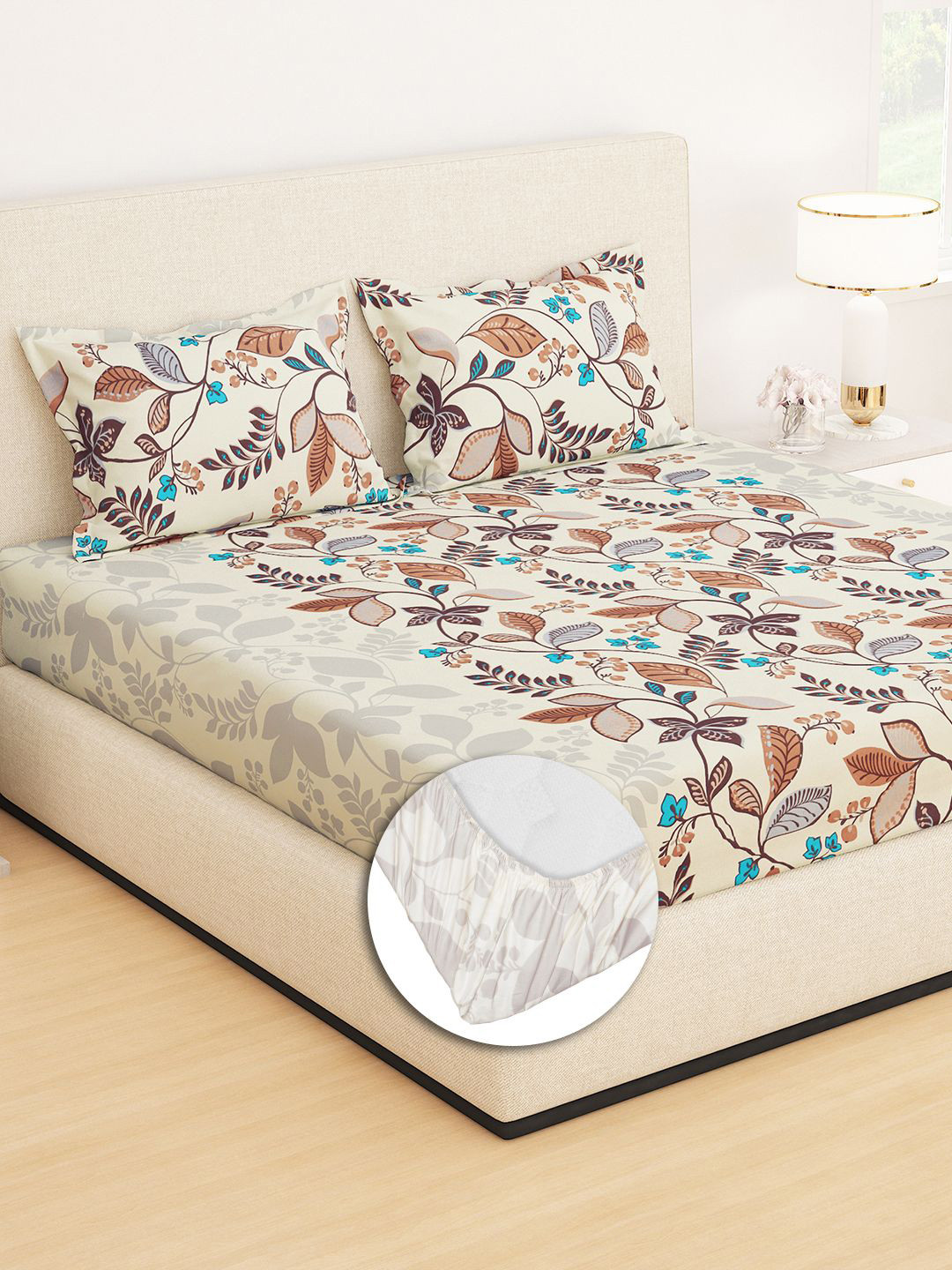 Story@home Monte Fitted Brown Floral Microfiber 210 TC Fitted Queen Bedsheet with 2 Pillow Covers-87 x 94 inches