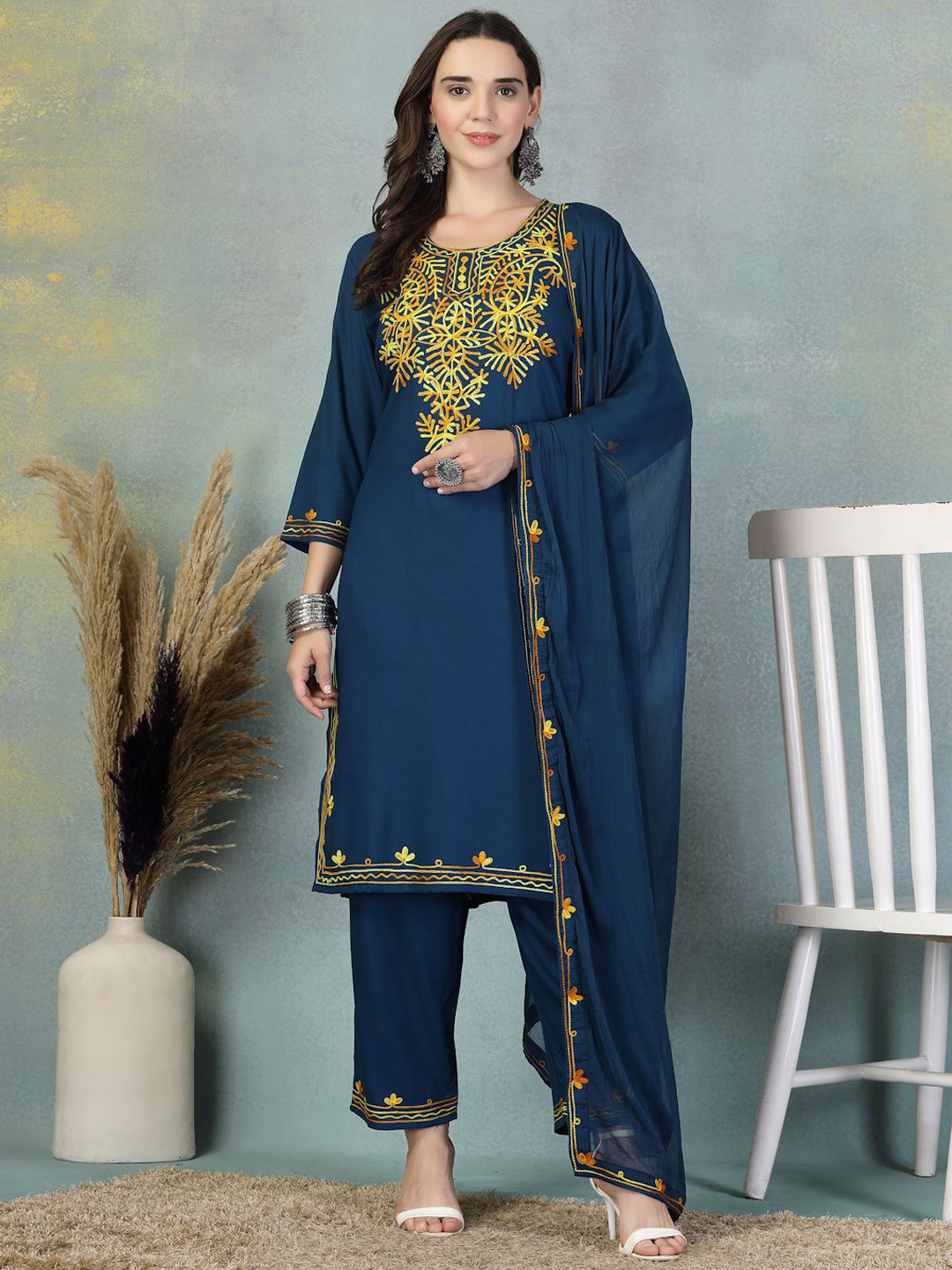 Shine N Sober Floral Yoke Design Aari Work Straight Kurta With Trousers & Dupatta