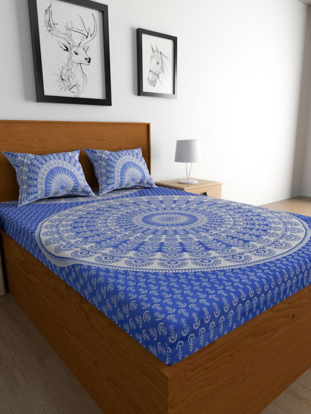 METRO LIVING Urban Magic Blue Ethnic Motifs Cotton 104 TC Queen Bedsheet with 2 Pillow Covers-93 x 83 inches