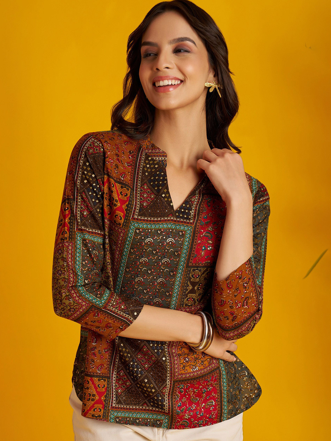 FLOWERVELLY Women Ethnic Motifs Print Mandarin Collar Top