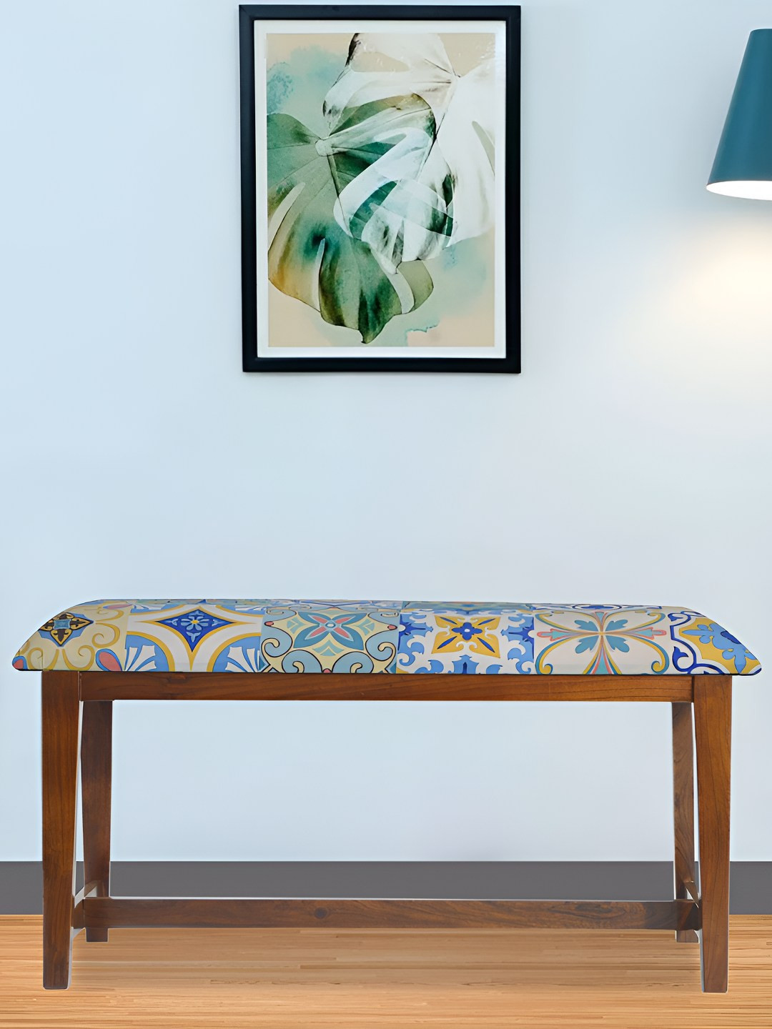 GLOBALLY INDIAN Blue & White Sheesham Wooden Cushioned Rectangle Bench