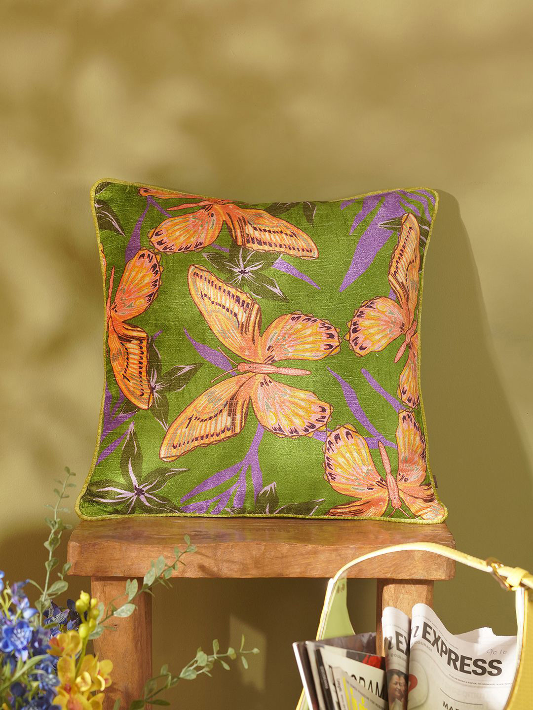 Pure Home and Living Green Conversational Velvet Durable Square Cushion Cover -18x18In