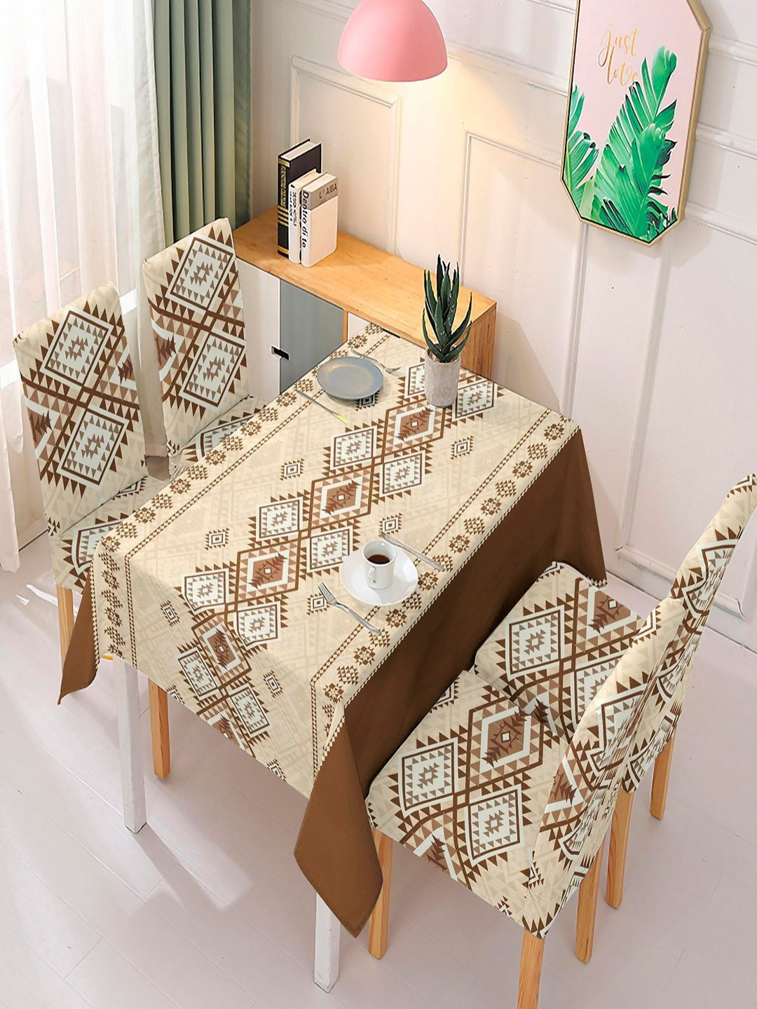 HOKIPO Moss Brown 5 Pieces Rhombus Printed Dining Chair Covers With Matching Table Cloth