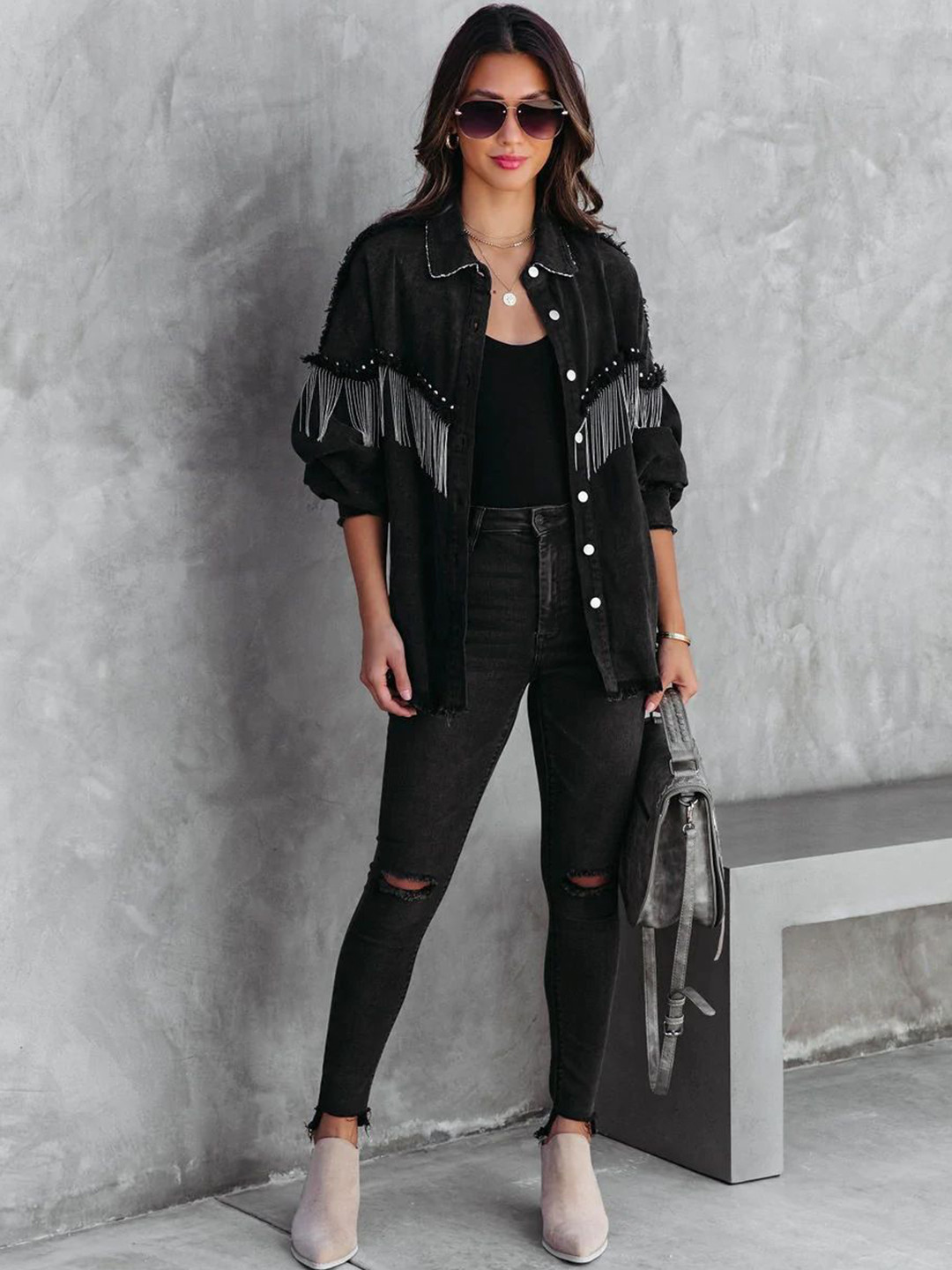 all about you Women Denim Jacket with Fringes