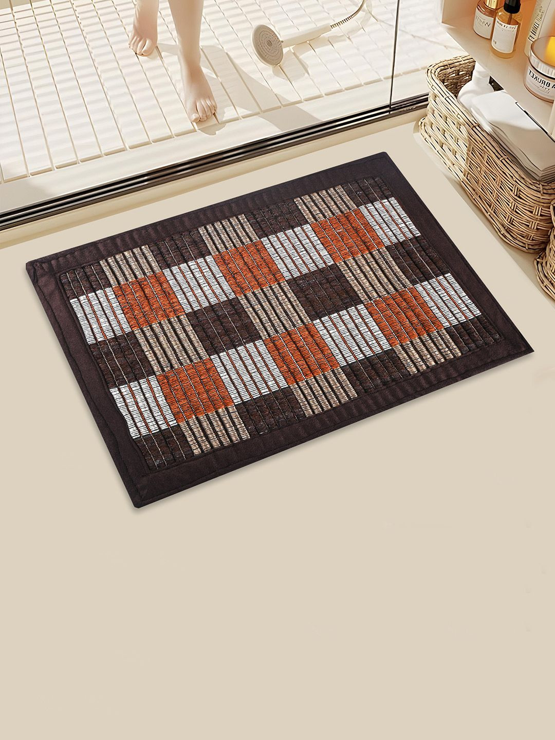 Kuber Industries Brown & White 2 Pieces Anti Skid Mat For Bathroom