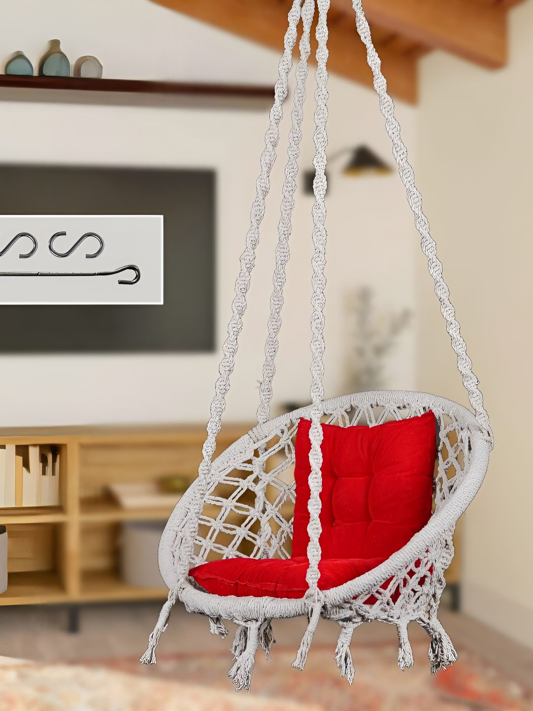 Swingzy White & Red Cotton Round Hanging Hammock Swing