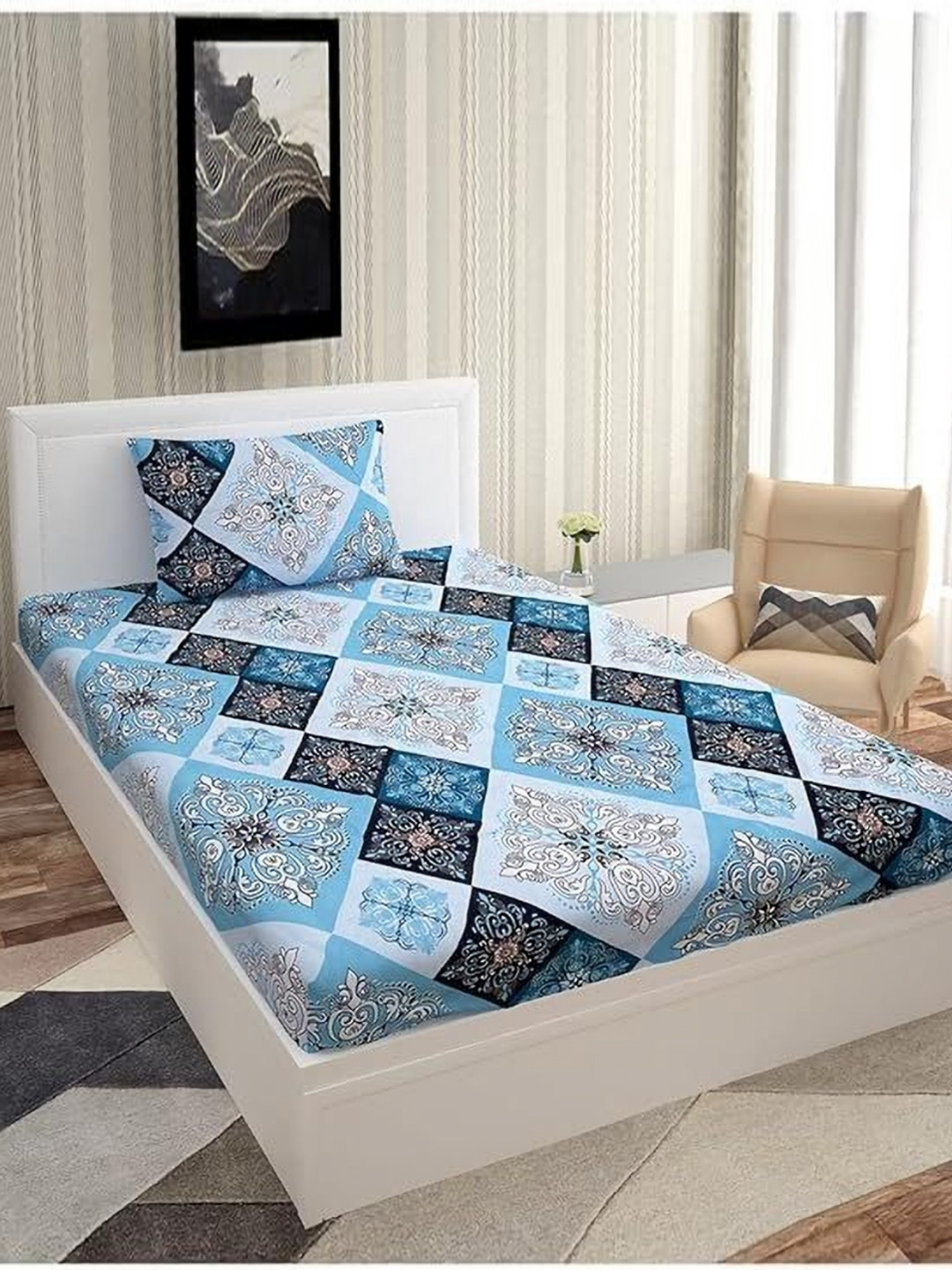 METRO LIVING Blue Ethnic Motifs Microfiber 130 TC Fitted Single Fine Bedsheet with a Pillow Cover-85 x 58 inches