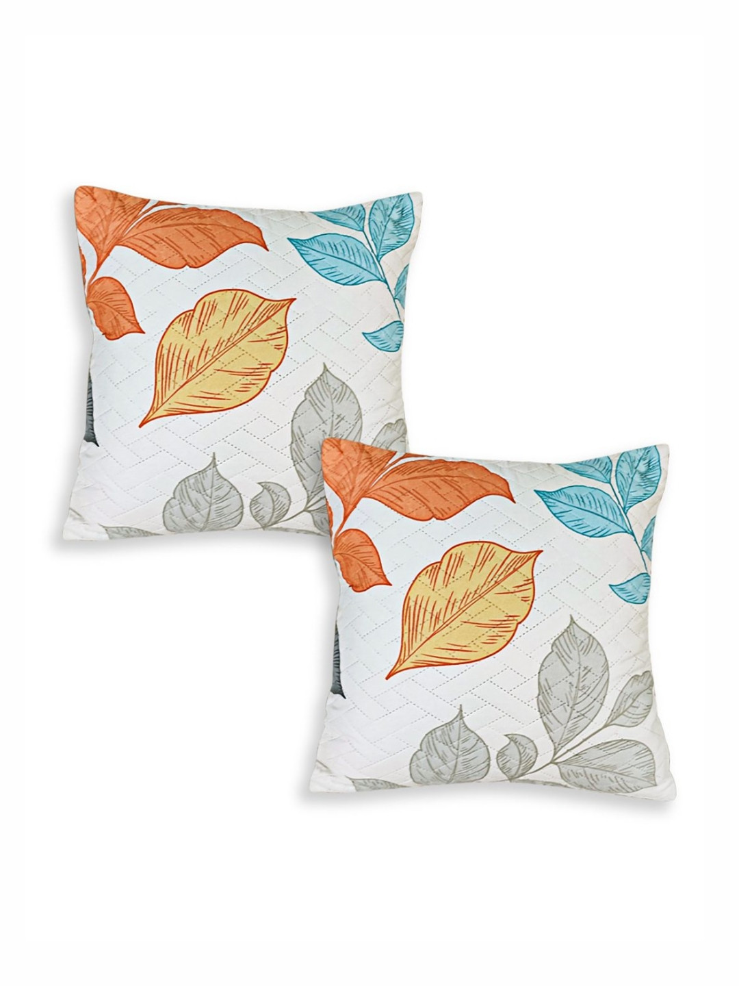 HOKIPO White and Blue 2 Pieces Leaves Printed Square Cushion Covers