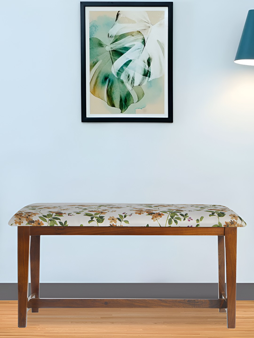 GLOBALLY INDIAN White & Green Sheesham Wooden Cushioned Rectangle Bench