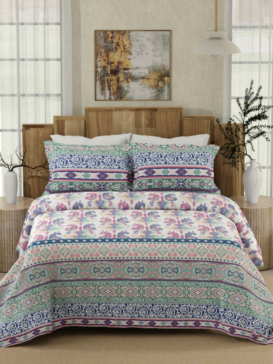 Boutique Living India Gardenia Augusta Blue Paisley Cotton 300 TC King Fine Bedsheet with 2 Pillow Covers-108 x 108 inches