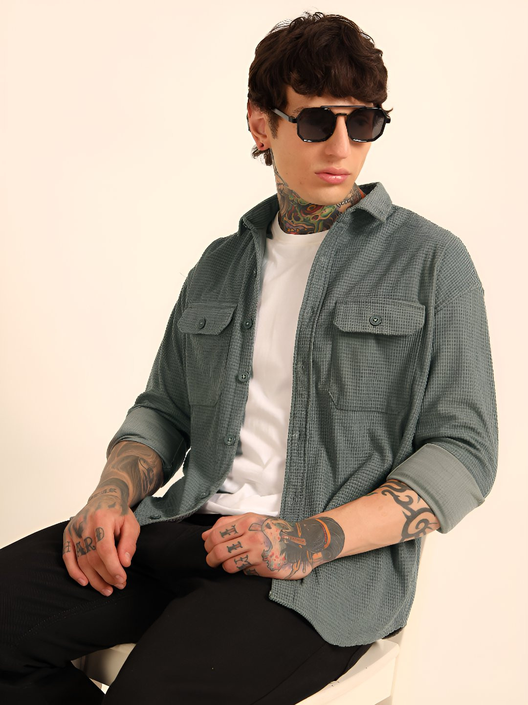 Bushirt Self Design Spread Collar Oversized Waffle Shackets