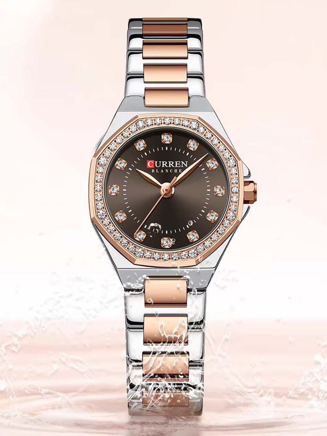 Curren Women Brass Embellished Dial & Stainless Steel Bracelet Style Straps Analogue Watch CR-9100-TT-Brown