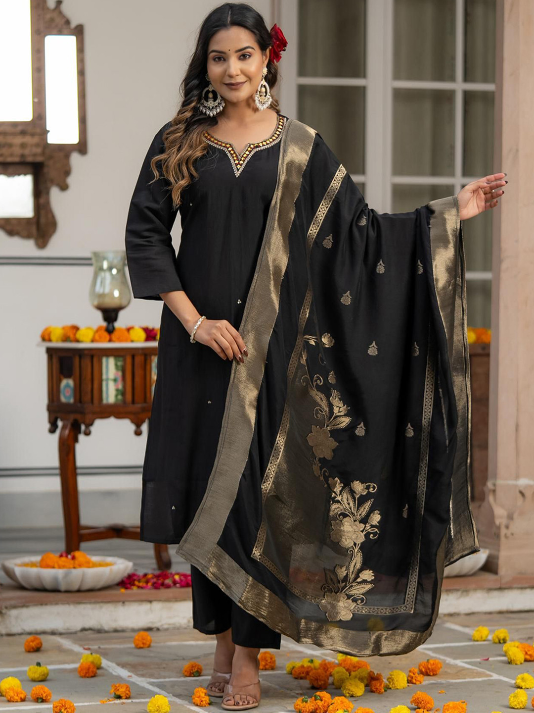 Kiana House Of Fashion Floral Yoke Design Pure Cotton Kurta With Trousers & Dupatta