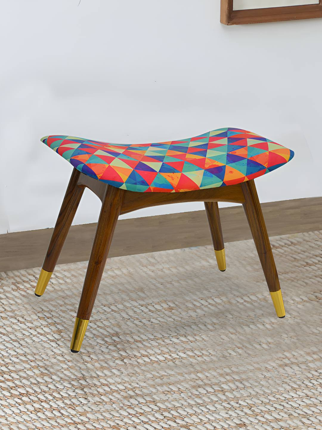 GLOBALLY INDIAN Blue & Red Printed Wood Stool With Velvet Cushioned Seat