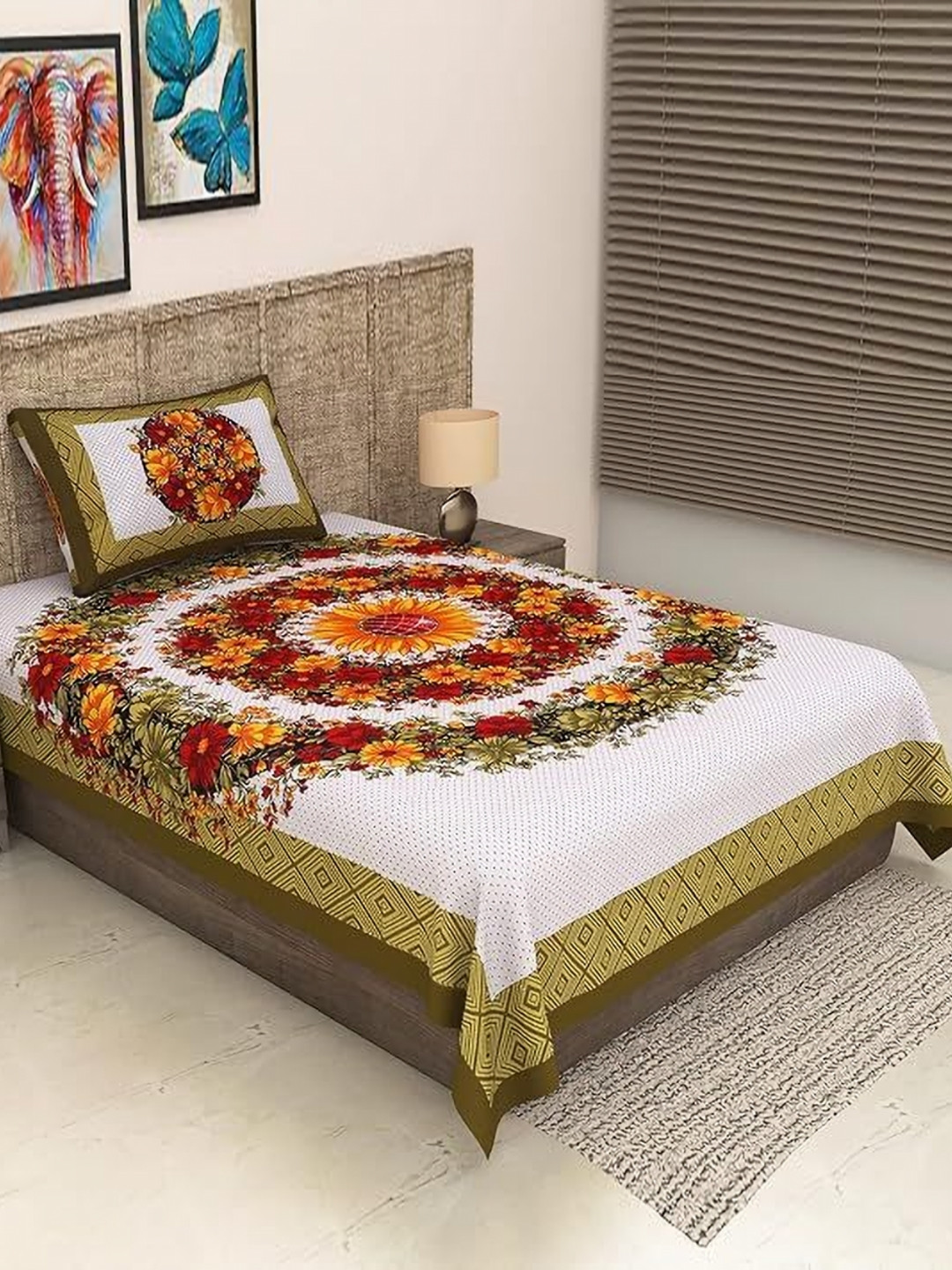 METRO LIVING Green Floral Cotton 104 TC Single Bedsheet with a Pillow Cover-220 x 144 cm