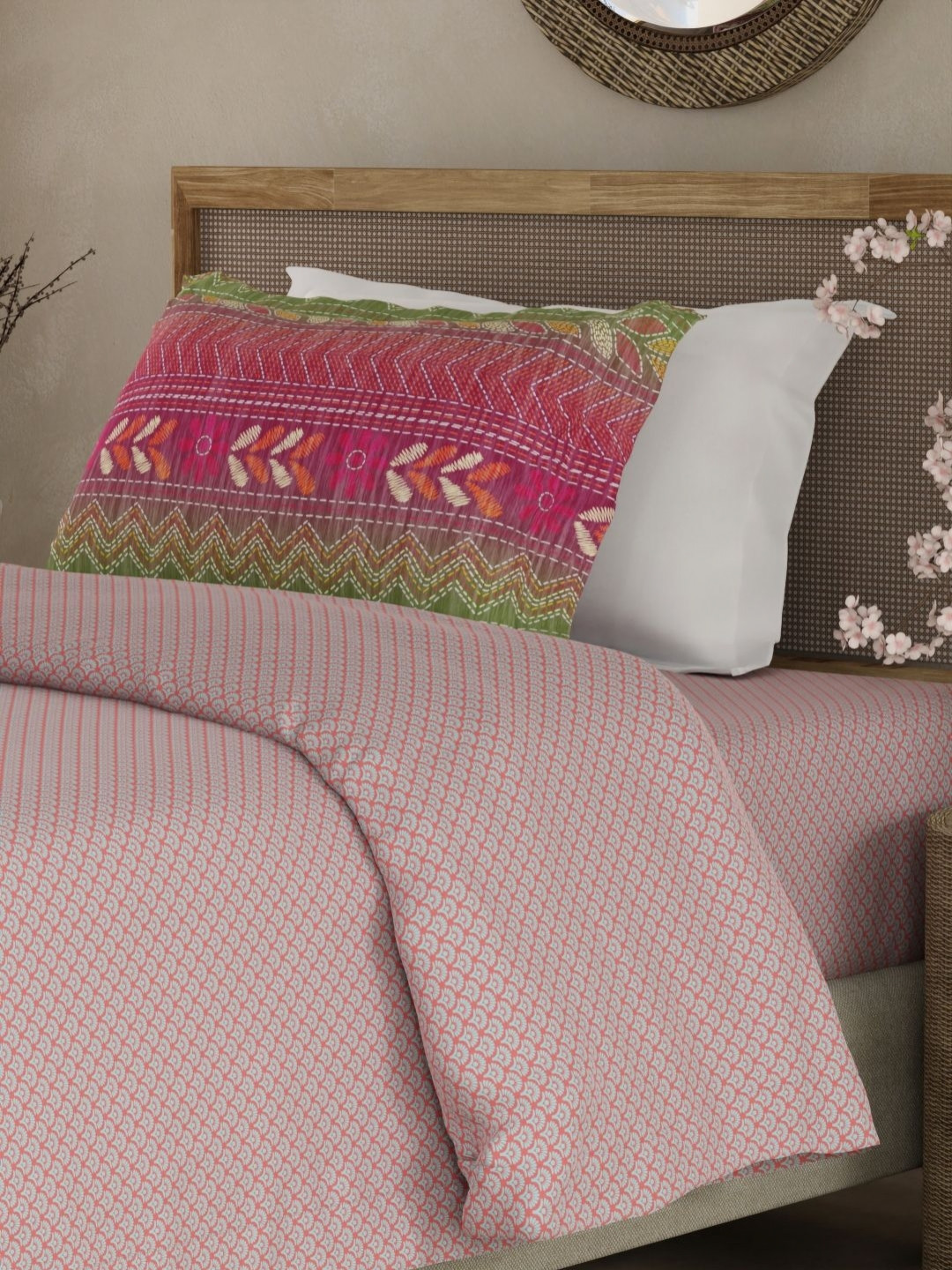 Boutique Living India Heritage Walk Pink Cotton Single Bedsheet Set 2.24 m x 1.52 m