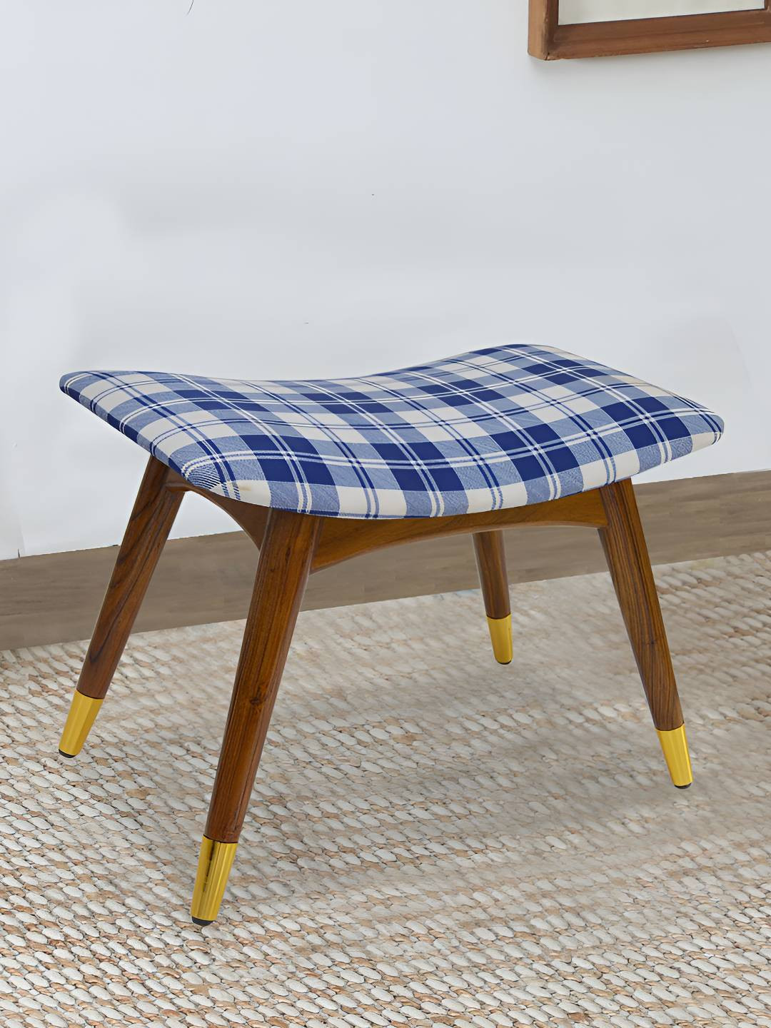 GLOBALLY INDIAN White & Blue Sheesham Wood Stool With Cushioned Seat