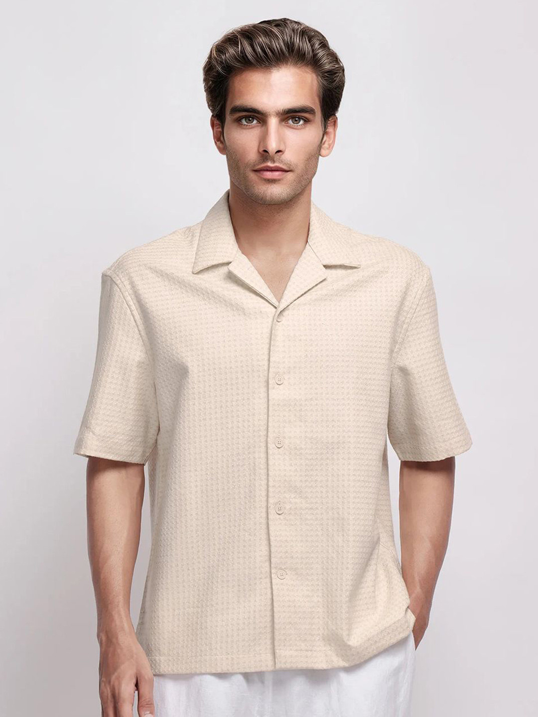 RARE RABBIT Fei Ss Primary Men Beige Comfort Cotton Regular Fit Shirt