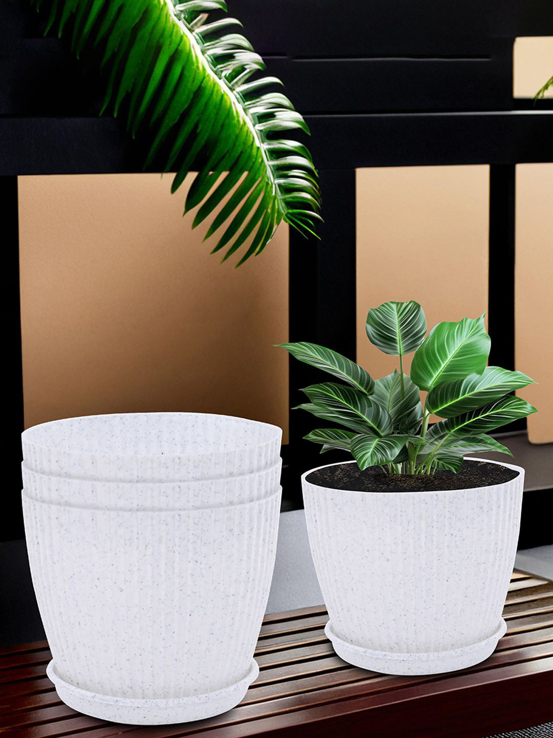 Kuber Industries White 4 Pieces Marble Weather Resistant Flower Planters With Trays