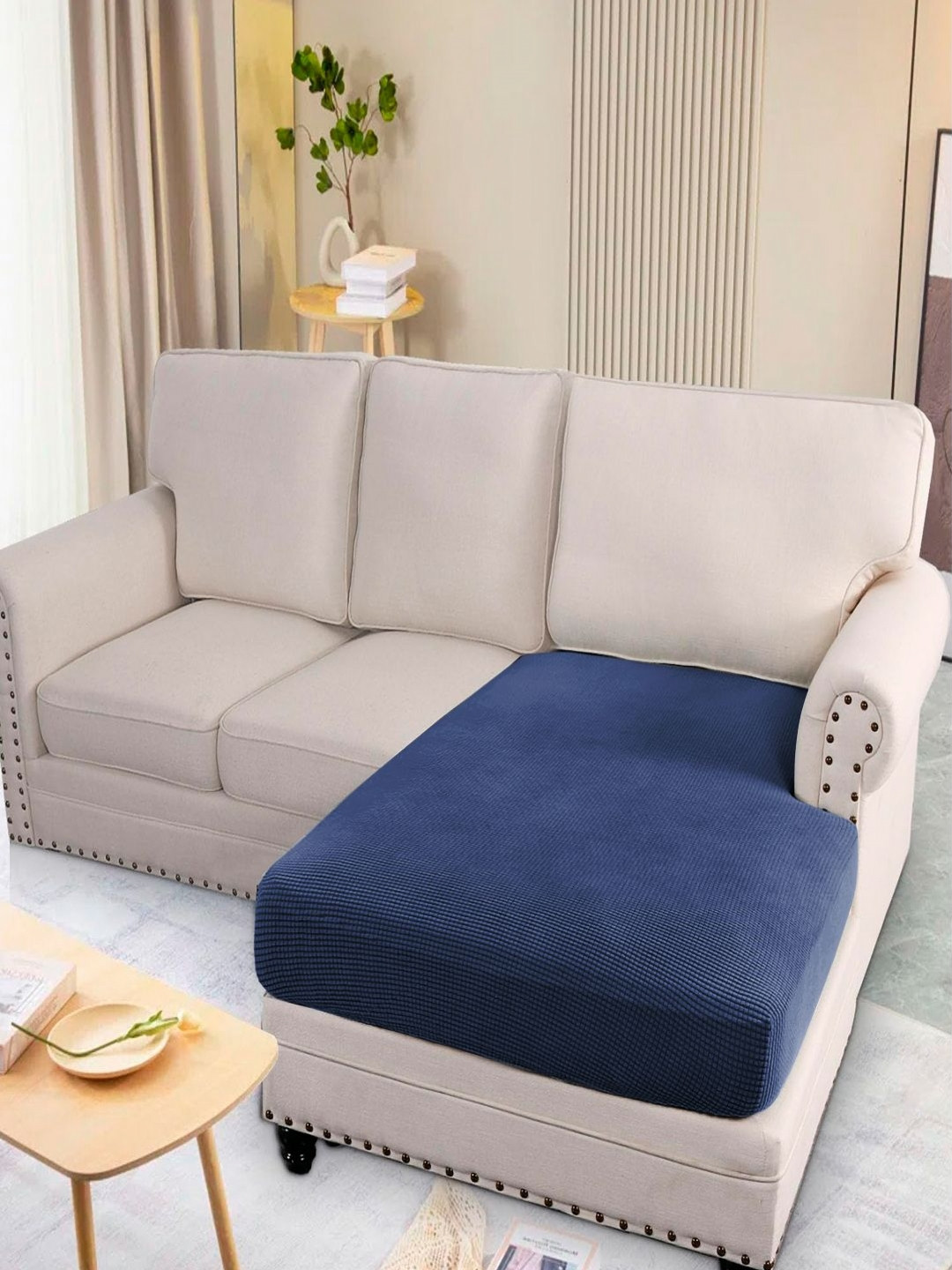 HOKIPO Navy Blue Jacquard Chaise Cover for L Shaped Sofa