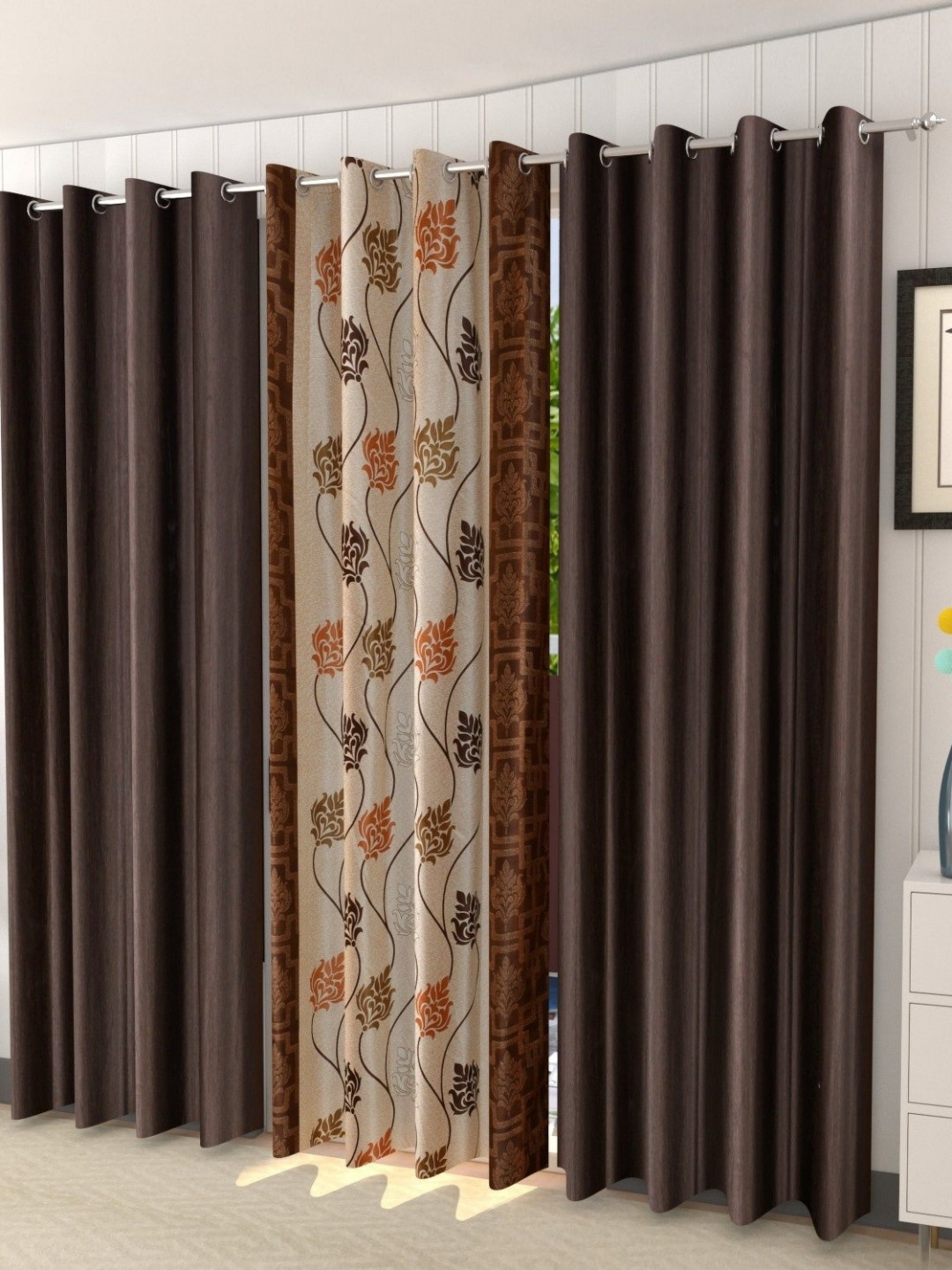 Galaxy Home Decor Brown Set of 3 Floral Window Curtain