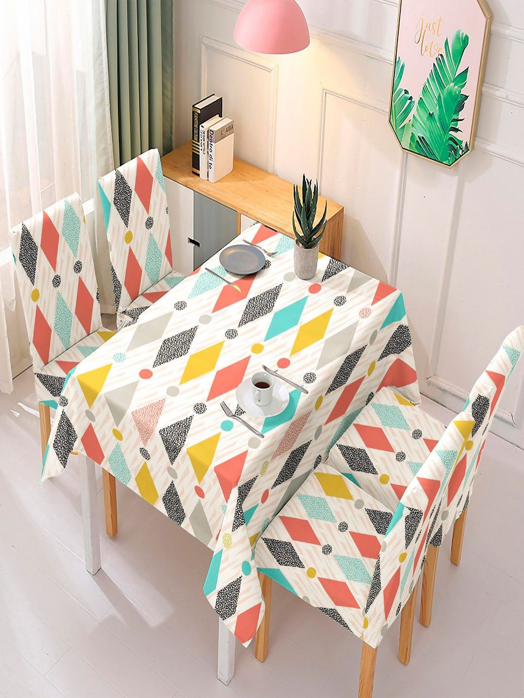 HOKIPO White & Yellow 5 Pieces Printed Dining Chair Covers With Matching Tablecloth