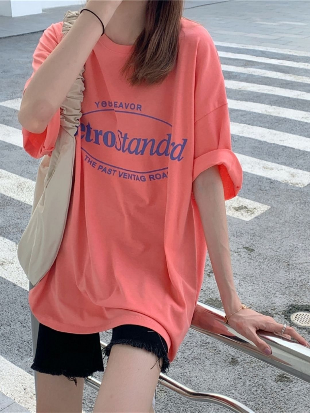 StyleCast Orange & Blue Typography Printed Oversized T-shirt