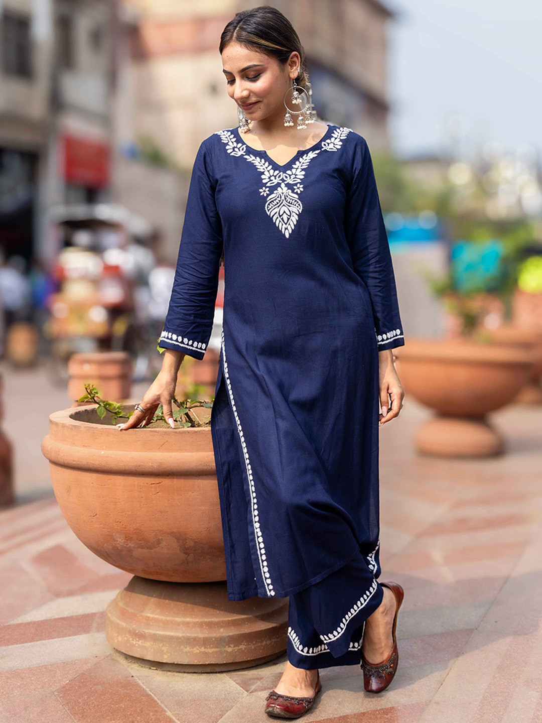 GHARANA INDIA Luxury Navy Blue Chikankari Kurta Set with Trousers