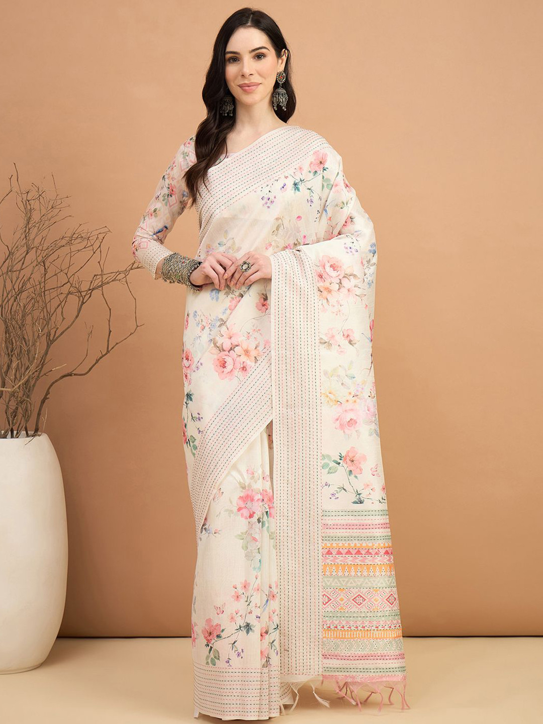 Mitera Floral Kantha Work Silk Cotton Tussar Saree